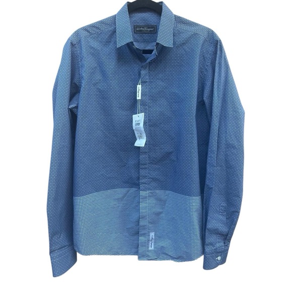 Salvatore Ferragamo Men's City Fit Blue Pattern Shirt 100% Cotton Made in Italy - Picture 2 of 12